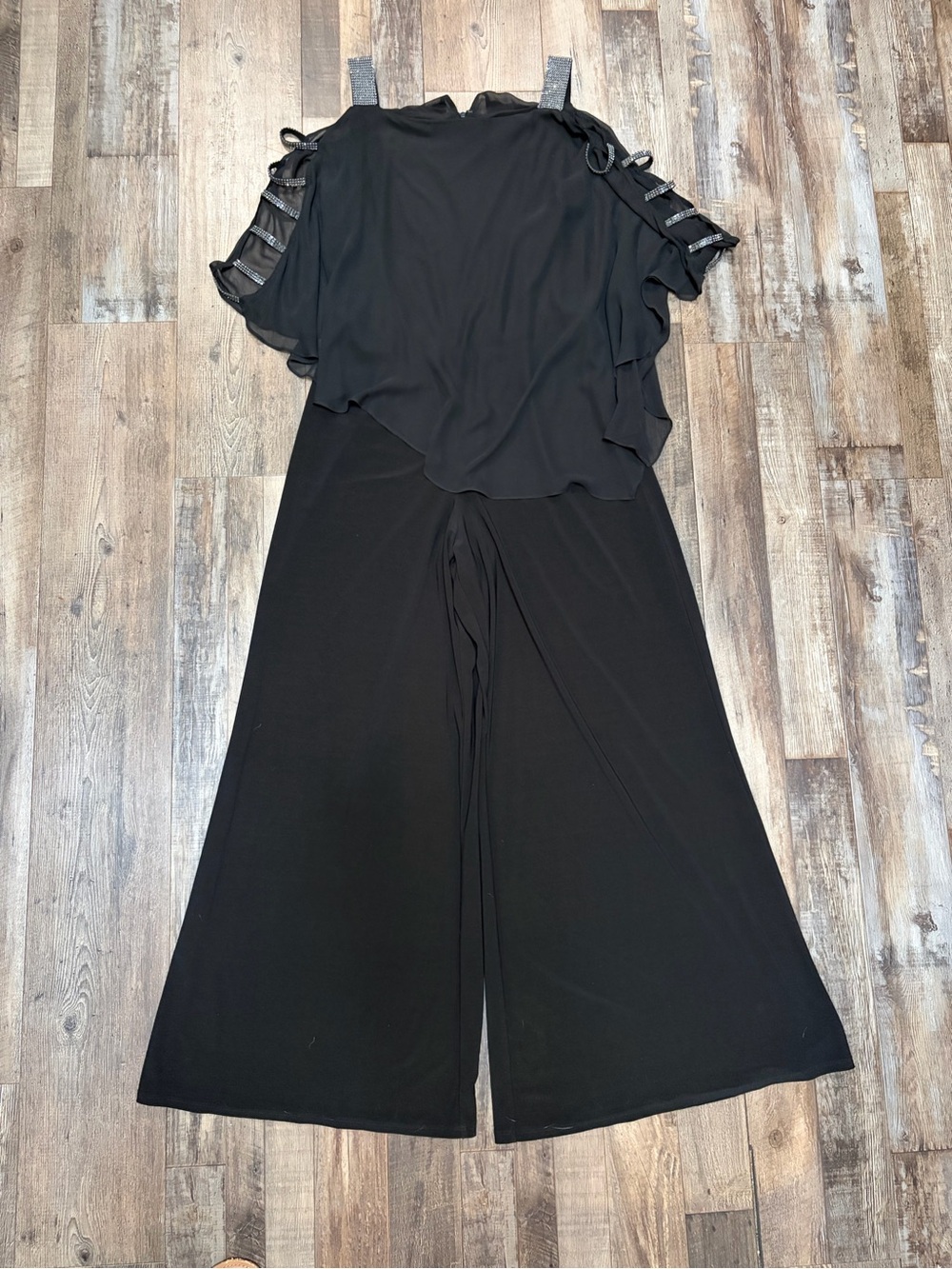 MSK Black Cold-Shoulder Wide-Leg Jumpsuit with Ribbon Sleeve Detail